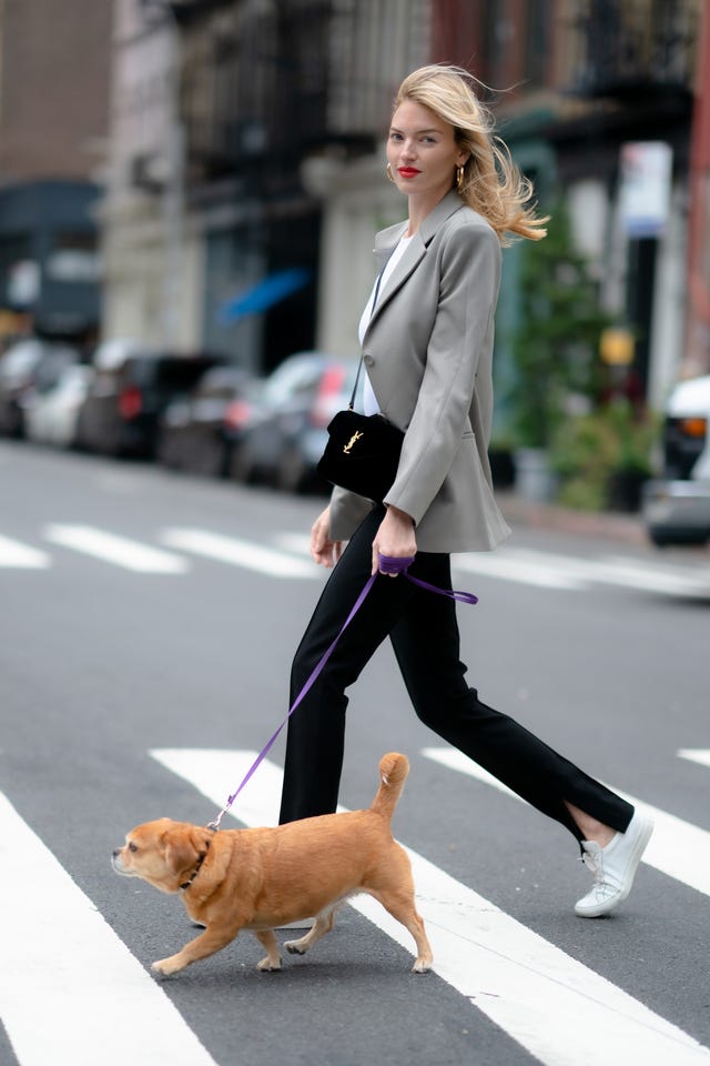 martha hunt walks her dog in nyc